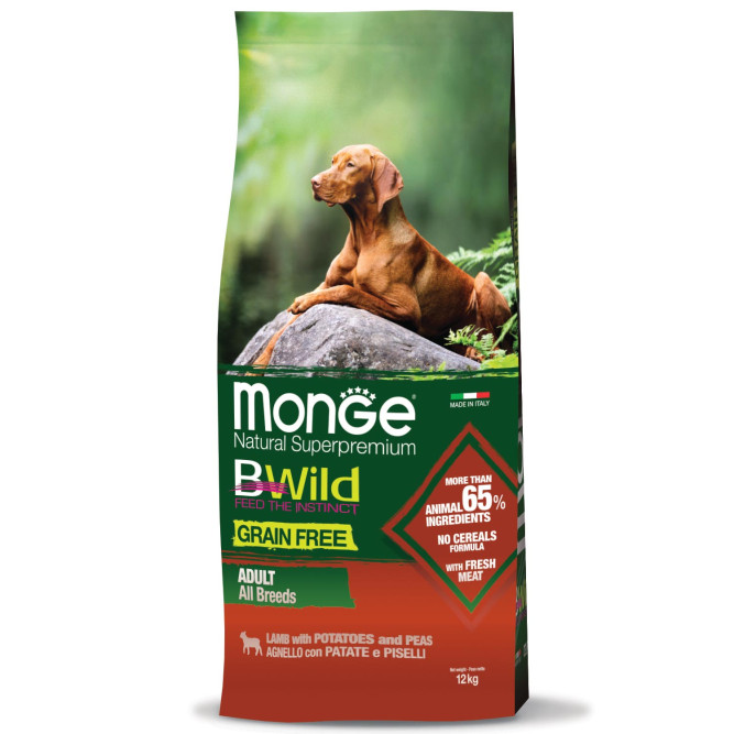 Monge Dog BWild Grain Free сухой беззерновой корм для взрослых собак всех пород с мясом ягненка, картофелем и горохом - 12 кг