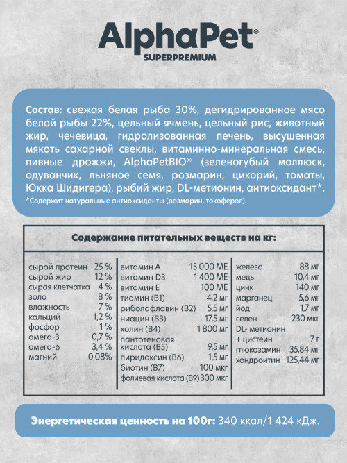 AlphaPet Superpremium Monoprotein сухой корм для взрослых собак средних и крупных пород с белой рыбой - 12 кг