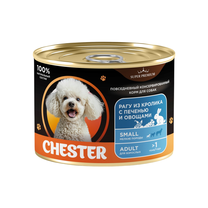 Chester Premium влажный корм для взрослых собак мелких пород, рагу из кролика с печенью и овощами, в консервах - 240 г х 12 шт