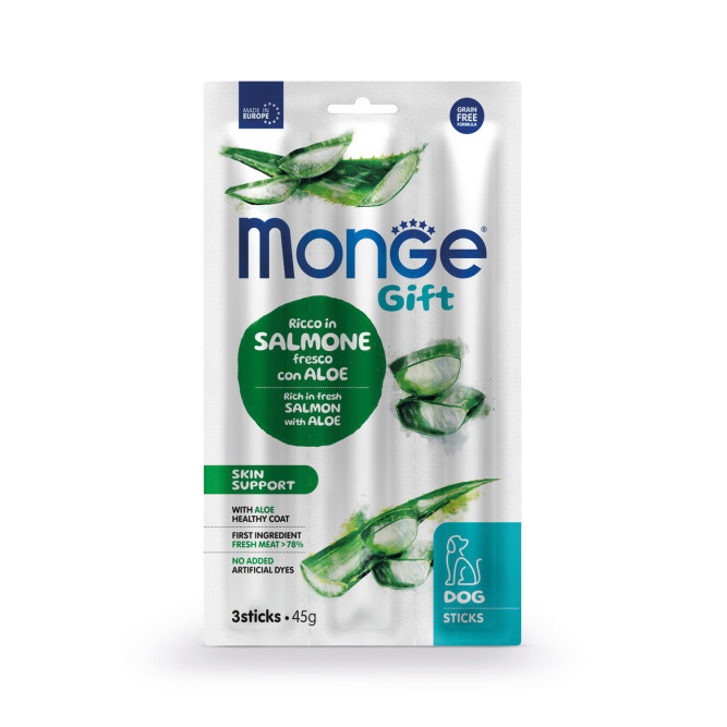 Monge Gift Skin Support лакомство для собак всех пород Мягкие палочки со свежим лососем, алоэ вера и дрожжами, для здоровой кожи - 45 г