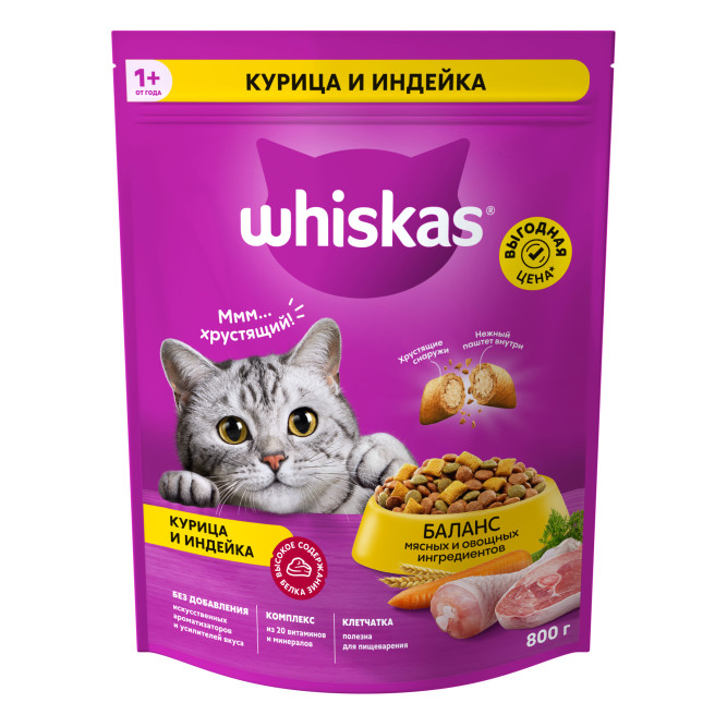 Whiskas Вкусные подушечки с нежным паштетом сухой корм для взрослых кошек Аппетитное ассорти с курицей и индейкой - 800 г