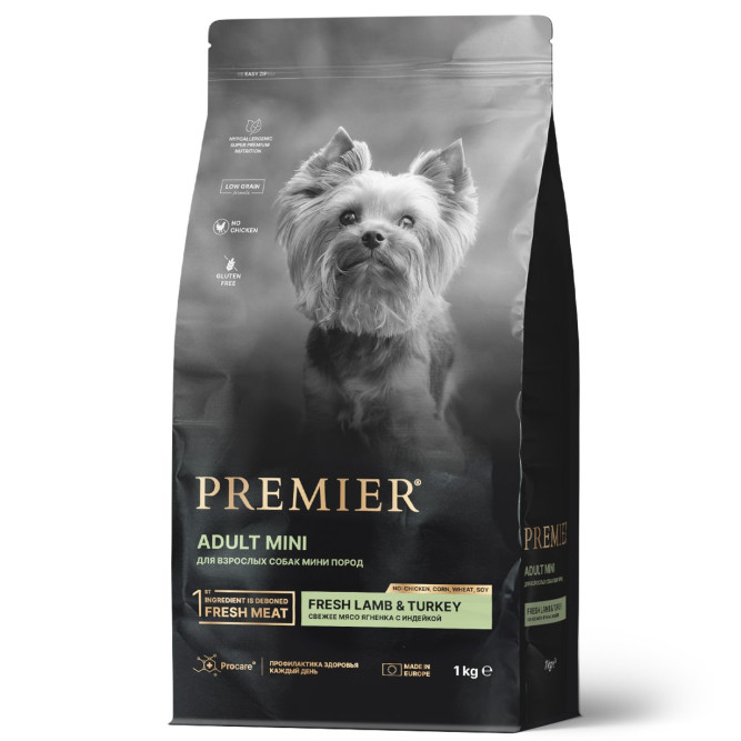 Premier Dog Lamb &amp; Turkey Adult Mini сухой корм для собак мелких пород, свежее мясо ягненка с индейкой - 1 кг