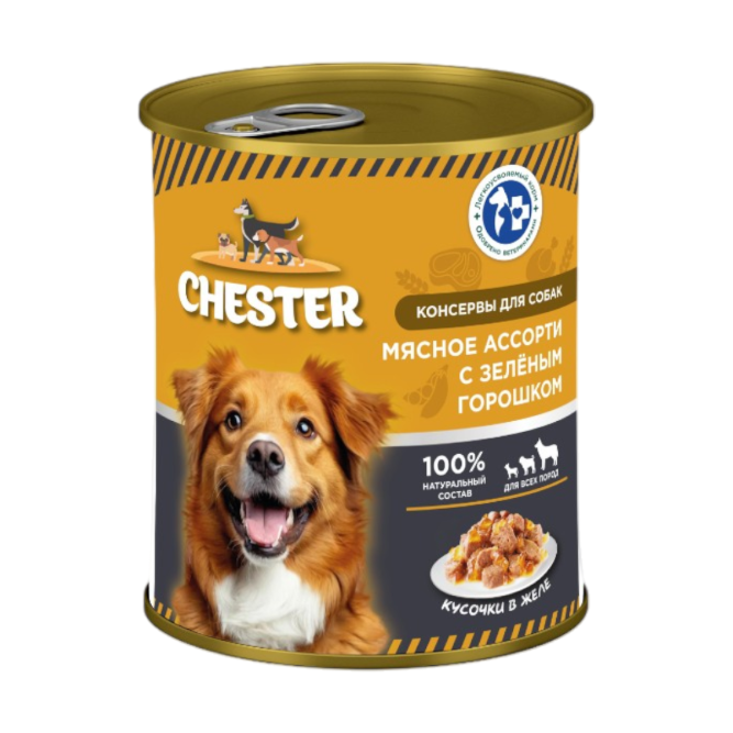 Chester влажный корм для взрослых собак всех пород, мясное ассорти с зелёным горошком, кусочки в желе, в консервах - 850 г х 6 шт