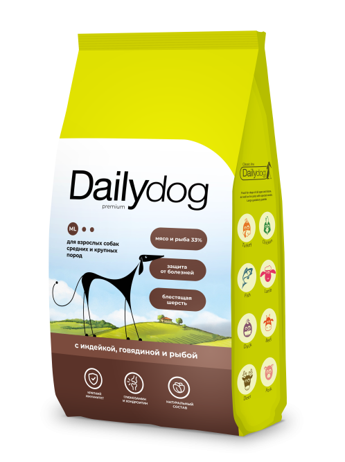 Dailydog Classic Line сухой корм для взрослых собак средних и крупных пород, с индейкой, говядиной и рыбой - 1,5 кг