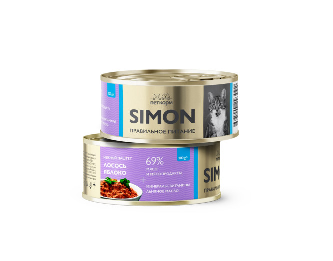 Simon влажный корм для взрослых кошек, паштет с лососем и яблоком, в консервах - 100 г х 16 шт