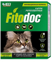 АВЗ FITODOC капли репеллентные для кошек весом до 10 кг от клещей, блох, комаров и других насекомых - 1 пипетка по 0,5 мл