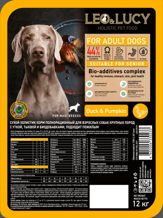 LEO&amp;LUCY сухой холистик корм для взрослых и пожилых собак крупных пород с уткой и тыквой - 12 кг