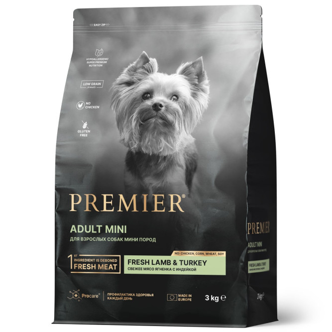 Premier Dog Lamb &amp; Turkey Adult Mini сухой корм для собак мелких пород, свежее мясо ягненка с индейкой - 3 кг