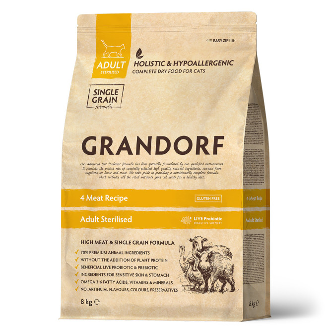 Grandorf Cat 4 Meat Probiotic Sterilised сухой корм для взрослых стерилизованных кошек с четырьмя видами мяса - 8 кг