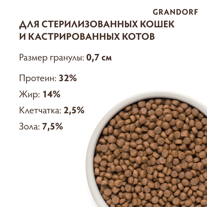 Grandorf Cat 4 Meat Probiotic Sterilised сухой корм для взрослых стерилизованных кошек с четырьмя видами мяса - 8 кг
