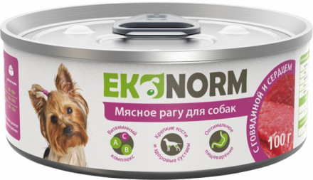 EKONORM влажный корм для взрослых собак, мясное рагу с говядиной и сердцем, в консервах - 100 г х 24 шт