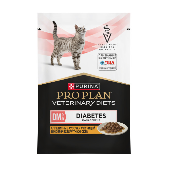 Purina Pro Plan Veterinary Diets DM St/Ox Diabetes Management диетический влажный корм для котят и взрослых кошек при сахарном диабете с курицей в соусе, в паучах - 85 г х 26 шт