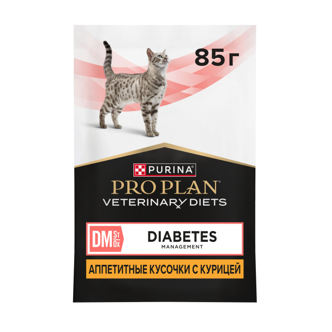 Purina Pro Plan Veterinary Diets DM St/Ox Diabetes Management диетический влажный корм для котят и взрослых кошек при сахарном диабете с курицей в соусе, в паучах - 85 г х 26 шт