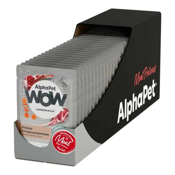 AlphaPet WOW Superpremium влажный корм для взрослых собак всех пород с чувствительным пищеварением с ягненком и тушенной морковью, нежные ломтики в соусе, в паучах - 85 г х 28 шт