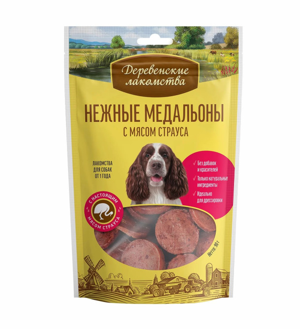 Деревенские лакомства нежные медальоны для собак с мясом страуса - 90 г
