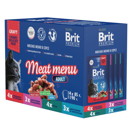 Brit Premium Особые меню влажный корм для взрослых кошек в паучах, Мясное меню в соусе - 85 г х 14 шт