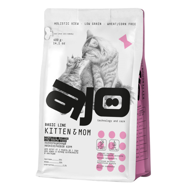 AJO Cat Kitten&amp;Mom сухой корм для котят, беременных и кормящих кошек с индейкой - 400 г