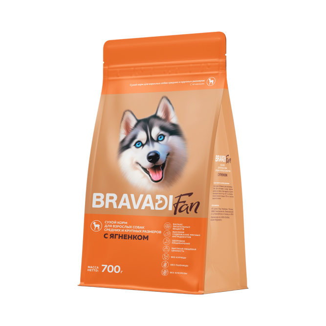 Bravadi Fan сухой корм для взрослых собак средних и крупных пород с ягненком - 700 г