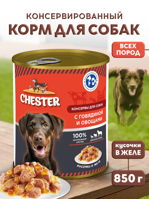Chester влажный корм для взрослых собак всех пород с говядиной и овощами, кусочки в желе, в консервах - 850 г х 6 шт