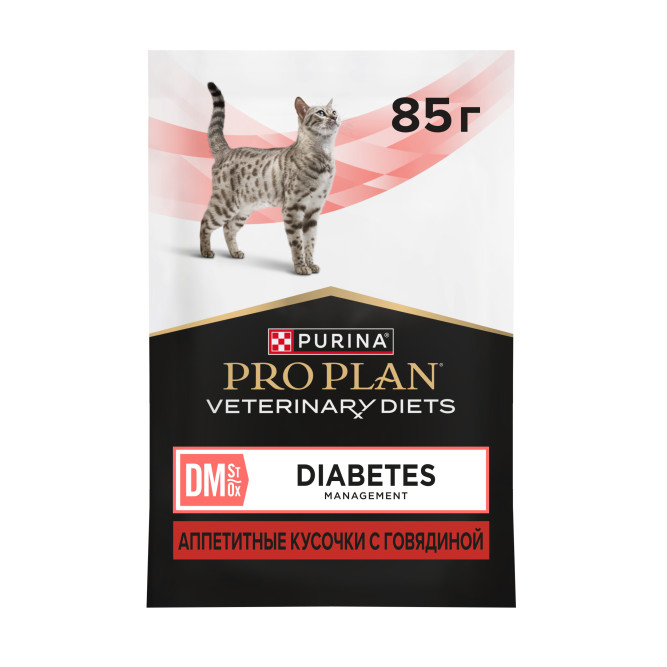 Purina Pro Plan Veterinary Diets DM St/Ox Diabetes Management диетический влажный корм для котят и взрослых кошек при сахарном диабете с говядиной в соусе, в паучах - 85 г х 26 шт