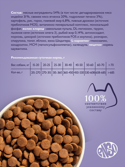 ENSO Dog Formula Special Select сухой корм для взрослых собак средних и крупных пород со свежим ягненком и добавлением томата - 800 г