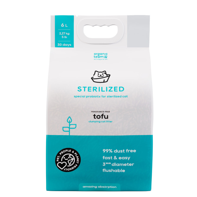 Organic Team Tofu комкующийся наполнитель для кошачьего туалета, для стерилизованных кошек - 6 л (2,27 кг)
