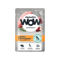AlphaPet WOW Superpremium влажный корм для щенков, беременных и кормящих собак всех пород с индейкой и потрошками, нежные ломтики в соусе, в паучах - 85 г х 28 шт