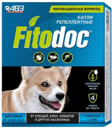 АВЗ FITODOC капли репеллентные для собак весом от 10 до 25 кг от клещей, блох, комаров и других насекомых - 1 пипетка по 1,5 мл