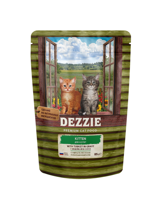 Dezzie Kitten Turkey влажный корм для котят с индейкой в соусе, в паучах - 85 г х 12 шт