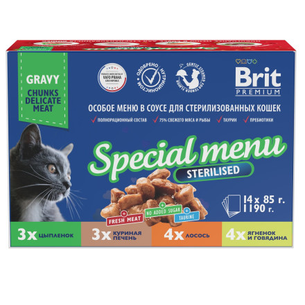 Brit Premium Особые меню влажный корм для взрослых стерилизованных кошек в паучах, Особое меню в соусе - 85 г х 14 шт