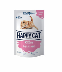 Happy Cat влажный корм для котят с телятиной кусочки в желе, в паучах (Россия) - 100 г х 24 шт