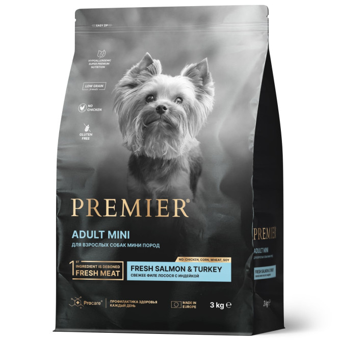 Premier Dog Salmon &amp; Turkey Adult Mini сухой корм для собак мелких пород, свежее филе лосося с индейкой - 3 кг