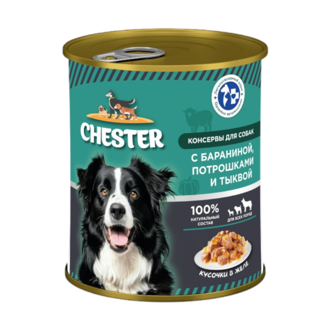Chester влажный корм для взрослых собак всех пород с бараниной, потрошками и тыквой, кусочки в желе, в консервах - 850 г х 6 шт