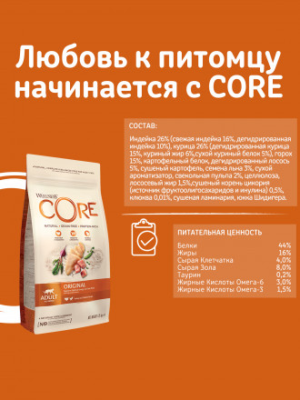 Wellness Core сухой корм для взрослых кошек с индейкой и курицей 1,75 кг