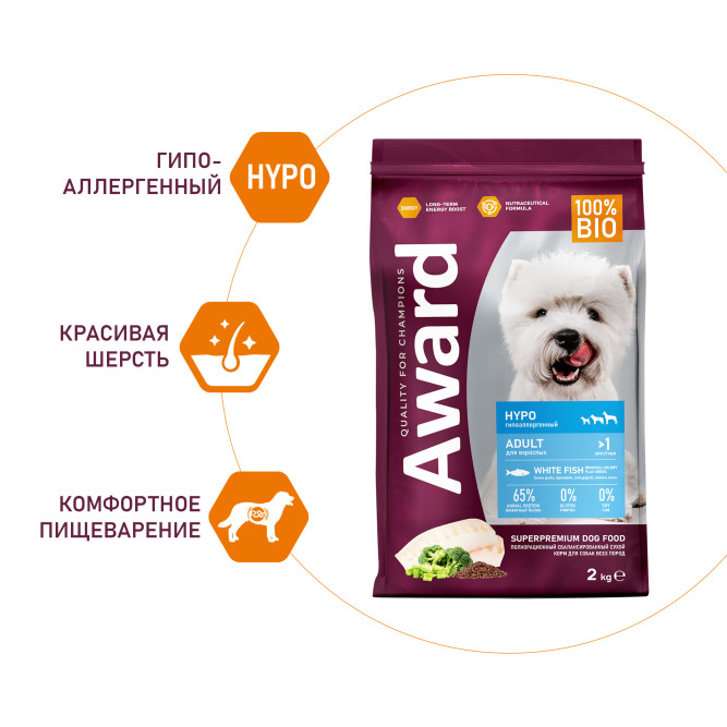 AWARD HYPO сухой корм для взрослых собак всех пород, с белой рыбой, брокколи, сельдереем и семенами льна - 2 кг