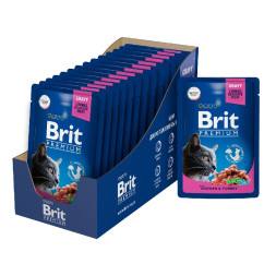 Brit Premium паучи для взрослых кошек с цыпленком и индейкой кусочки в соусе - 85 г х 14 шт