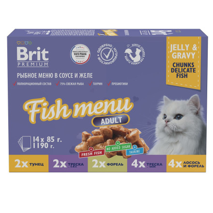 Brit Premium Особые меню влажный корм для взрослых кошек в паучах, Рыбное меню в соусе и желе - 85 г х 14 шт