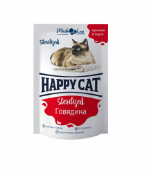 Happy Cat влажный корм для взрослых стерилизованных кошек с говядиной кусочки в соусе, в паучах (Россия) - 100 г х 24 шт