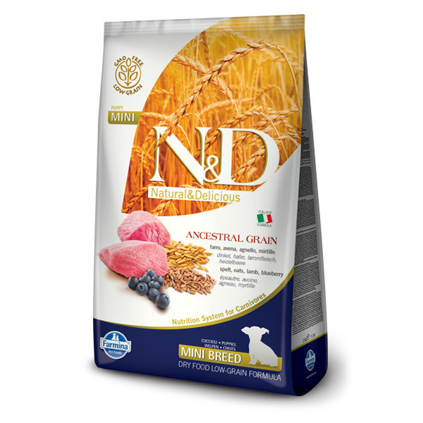 Farmina N&amp;D Ancestral Grain Dog Lamb &amp; Blueberry Puppy Mini сухой низкозерновой корм для щенков мелких пород с ягненком и черникой - 7 кг