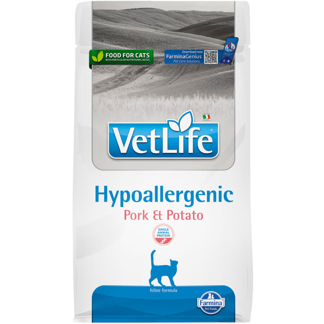 Farmina Vet Life Cat Hypoallergenic Pork &amp; Potato сухой диетический корм для взрослых кошек при пищевой аллергии, со свининой и картофелем - 400 г