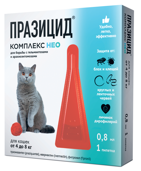 Празицид Комплекс НЕО капли антипаразитарные для кошек весом от 4 до 8 кг - 1 пипетка