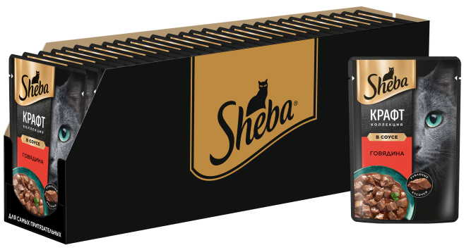 Sheba Craft Collection влажный корм для кошек рубленые кусочки с говядиной, в соусе, в паучах - 75 г х 28 шт