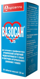 Apicenna Вазосан 1,25 мг таблетки при сердечной недостаточности собак и для контроля АД у кошек - 30 шт
