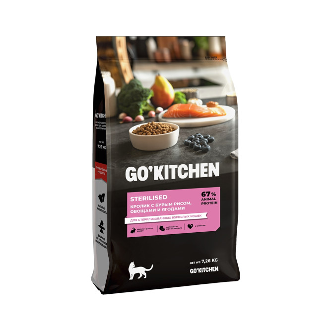 Go' Kitchen Sterilised Rabbit сухой корм для взрослых стерилизованных кошек с кроликом, бурым рисом, овощами и ягодами - 7,26 кг