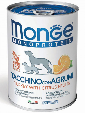 Monge Dog Monoprotein Fruits влажный корм для взрослых собак с индейкой, рисом и цитрусовыми в консервах 400 г (24 шт в уп)