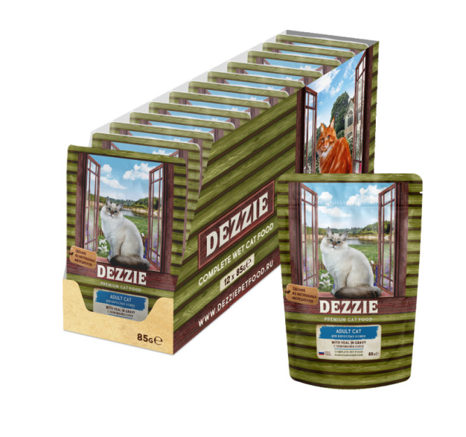 Dezzie Adult Cat Veal влажный корм для взрослых кошек с телятиной в соусе, в паучах - 85 г х 12 шт