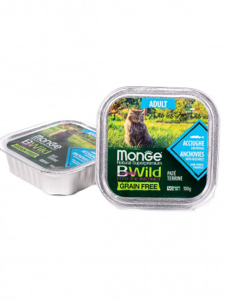 Monge Cat BWild Grain Free влажный беззерновой корм для взрослых кошек с анчоусами и овощами в ламистерах 100 г (32 шт в уп)