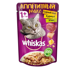 Whiskas Аппетитный микс влажный корм для кошек с курицей и уткой в сырном соусе - 85 г