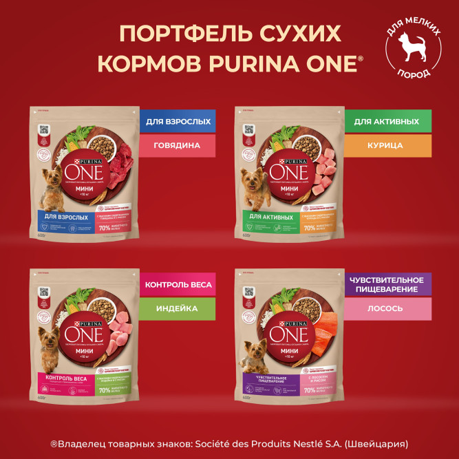 Purina One Мини сухой корм для взрослых собак мелких пород, с высоким содержанием говядины и рисом - 3 кг
