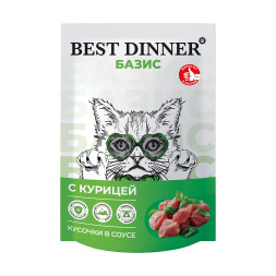Best Dinner Базис влажный корм для взрослых кошек с курицей, кусочки в соусе, в паучах - 75 г х 28 шт